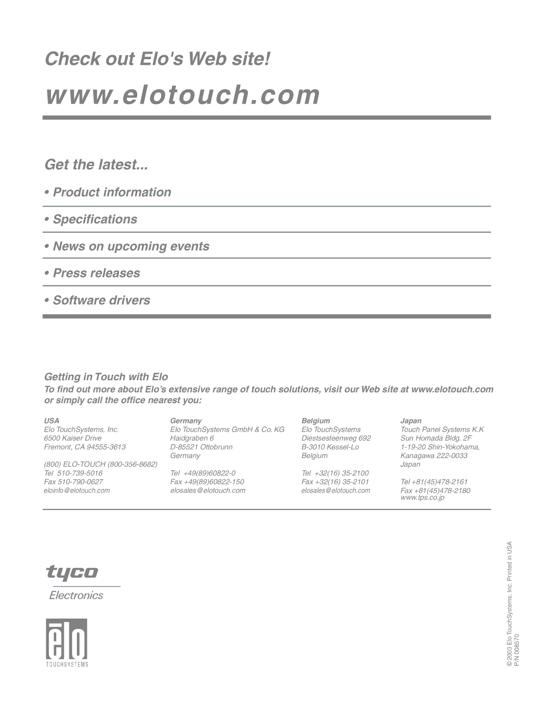 Elo TouchSystems 1247L manual Check out Elos Web site 