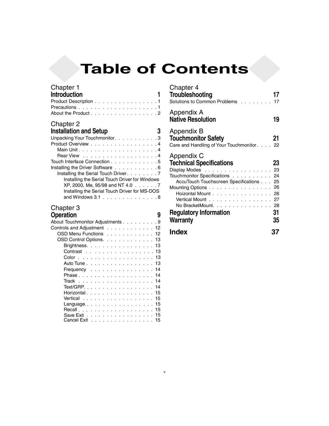 Elo TouchSystems 1247L manual Table of Contents 