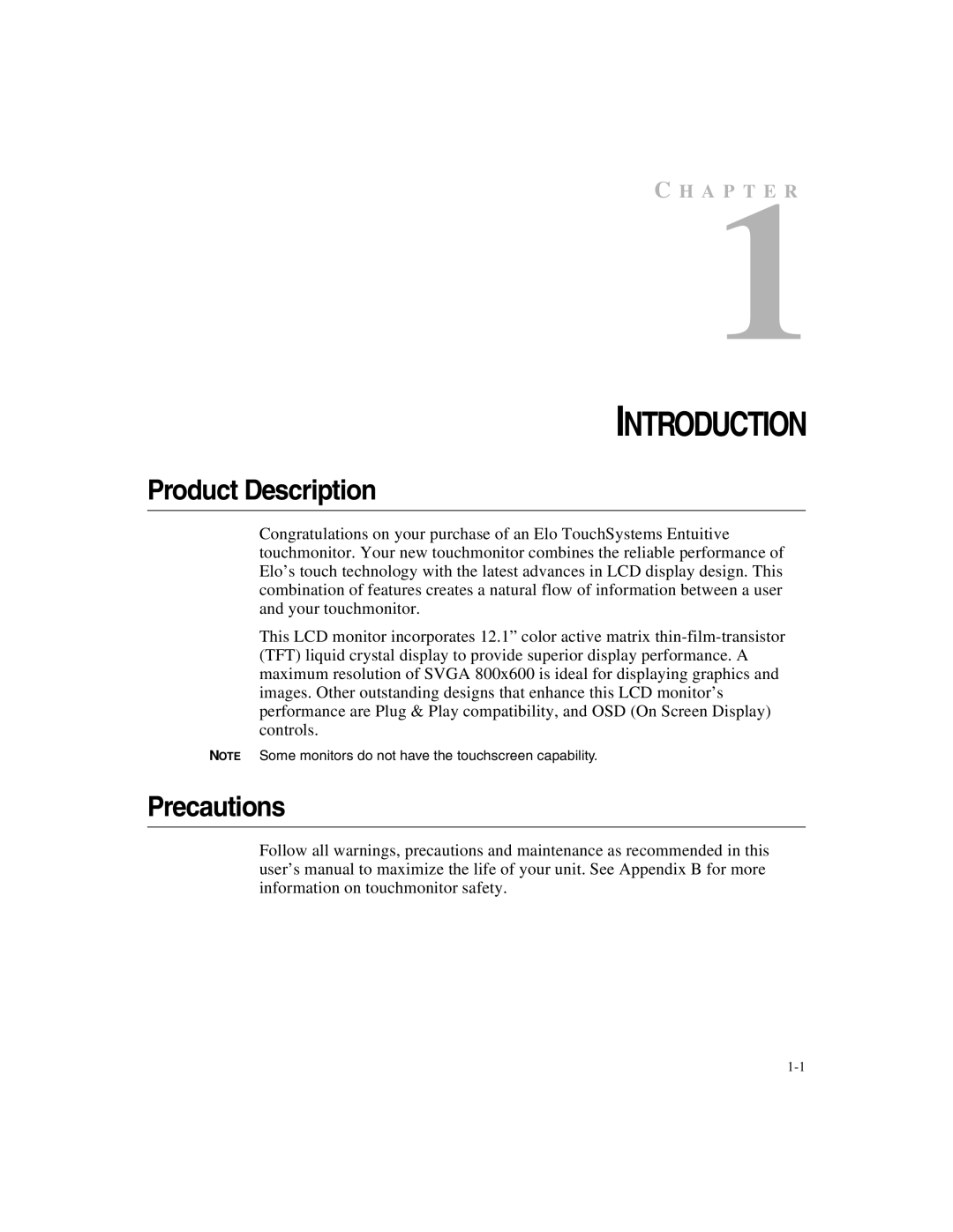 Elo TouchSystems 1247L manual Introduction, Product Description, Precautions 