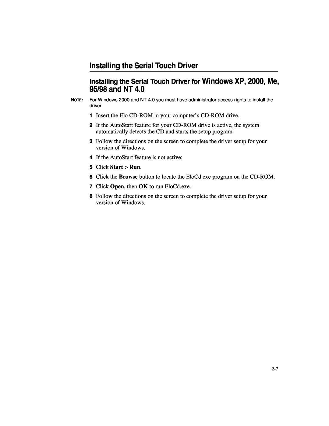Elo TouchSystems 1247L manual Installing the Serial Touch Driver, 95/98 and NT 