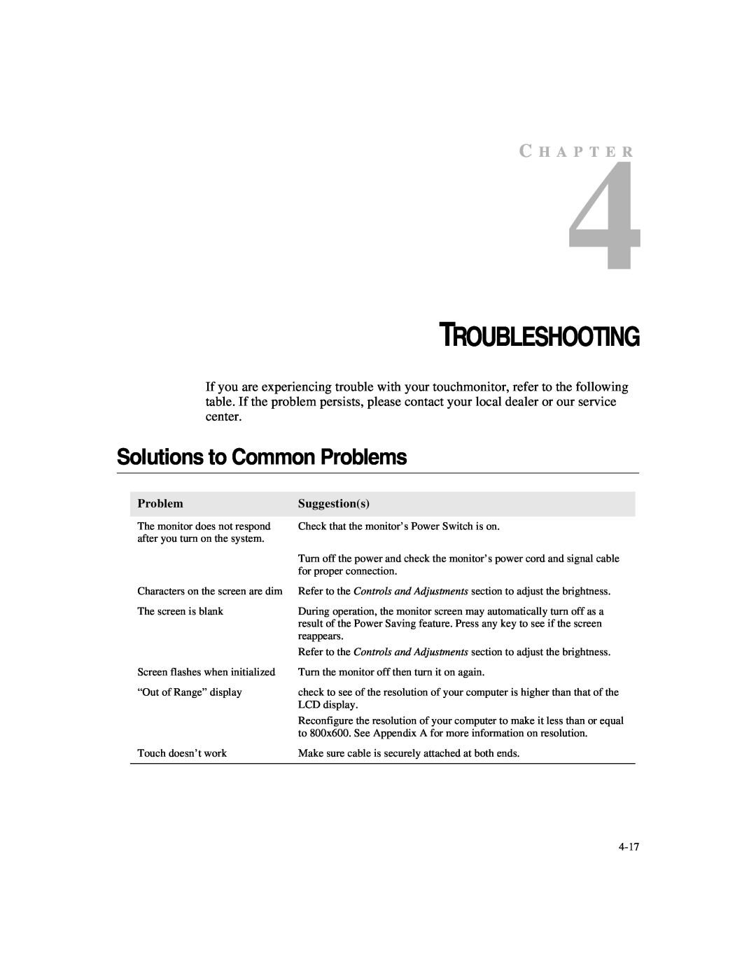Elo TouchSystems 1247L manual Troubleshooting, Solutions to Common Problems, C H A P T E R, Suggestions 