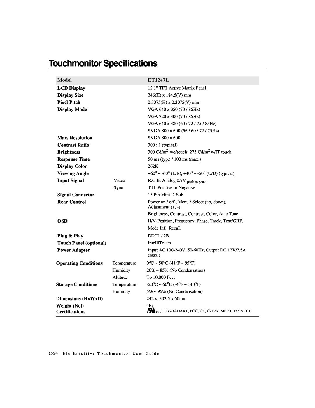 Elo TouchSystems manual Touchmonitor Specifications, Model, ET1247L 