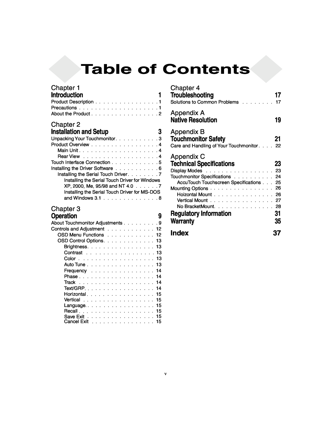 Elo TouchSystems 1247L manual Table of Contents 
