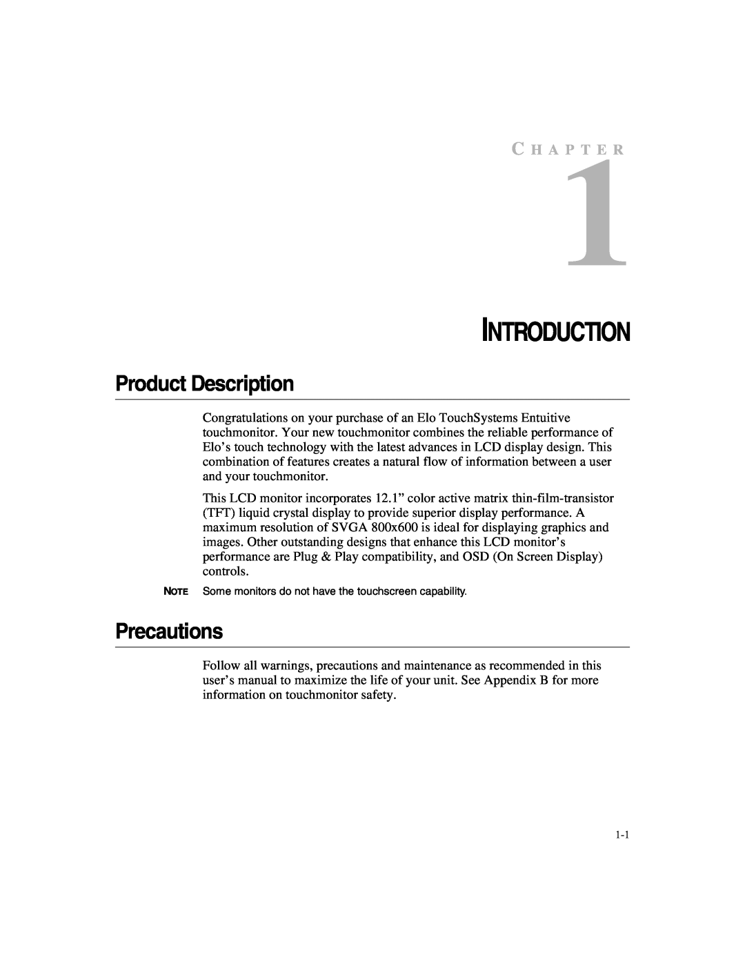 Elo TouchSystems 1247L manual Introduction, Product Description, Precautions, C H A P T E R 