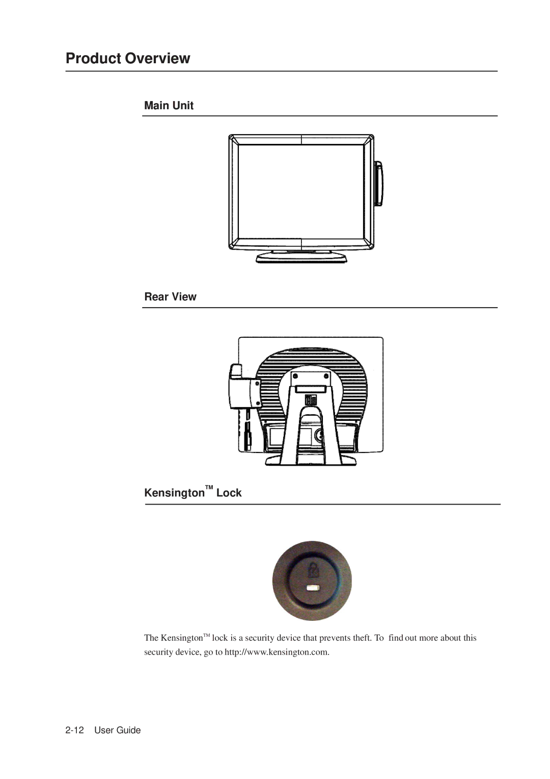 Elo TouchSystems 1515L manual Product Overview, Main Unit Rear View KensingtonTM Lock 