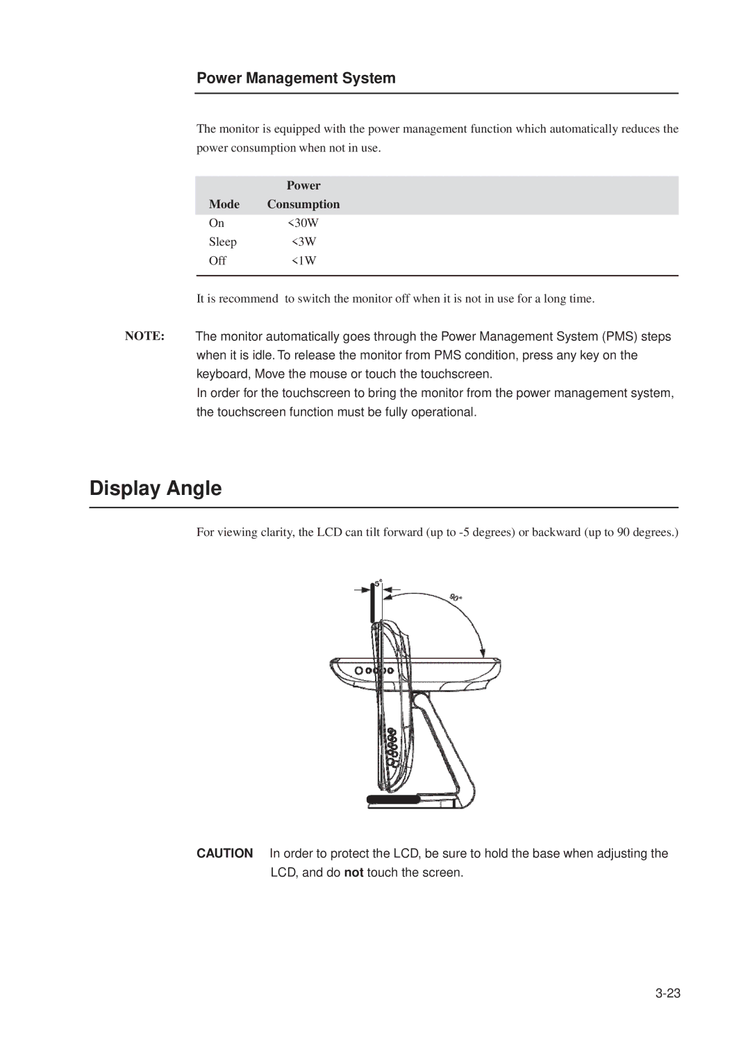 Elo TouchSystems 1515L manual Display Angle, Power Management System, Mode Consumption 