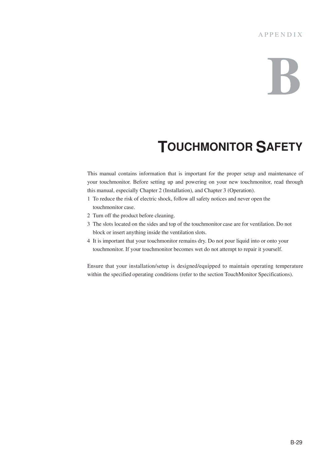 Elo TouchSystems 1515L manual Touchmonitor Safety 