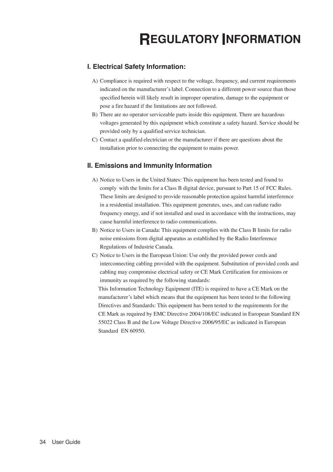 Elo TouchSystems 1515L manual Regulatory Information, Electrical Safety Information, II. Emissions and Immunity Information 