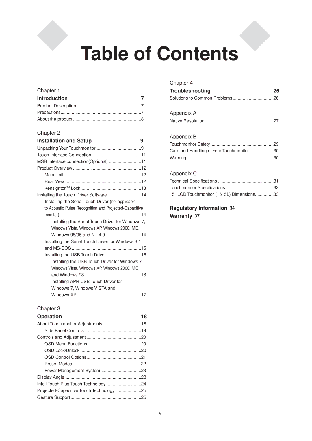 Elo TouchSystems 1515L manual Table of Contents 