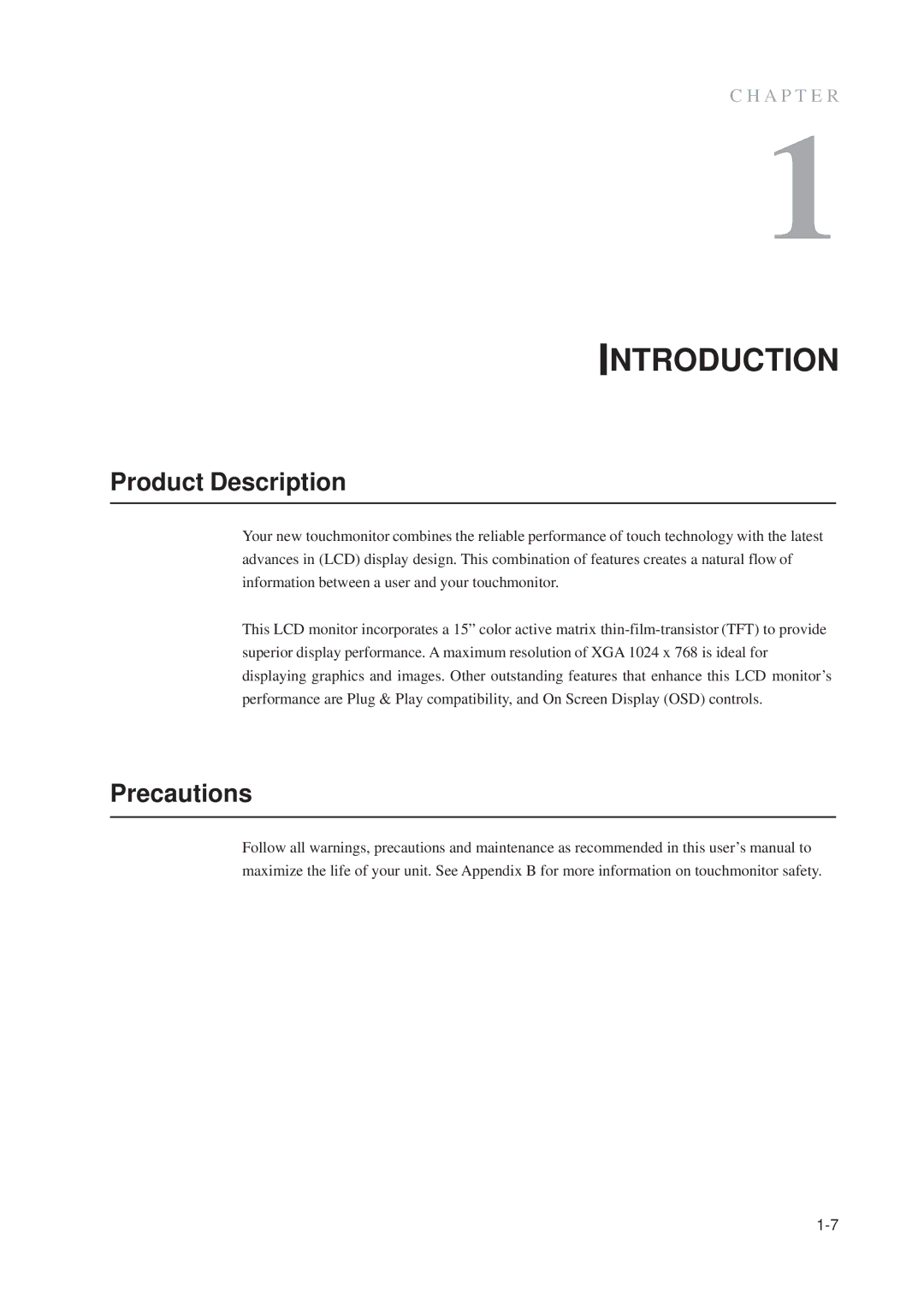 Elo TouchSystems 1515L manual Introduction, Product Description, Precautions 