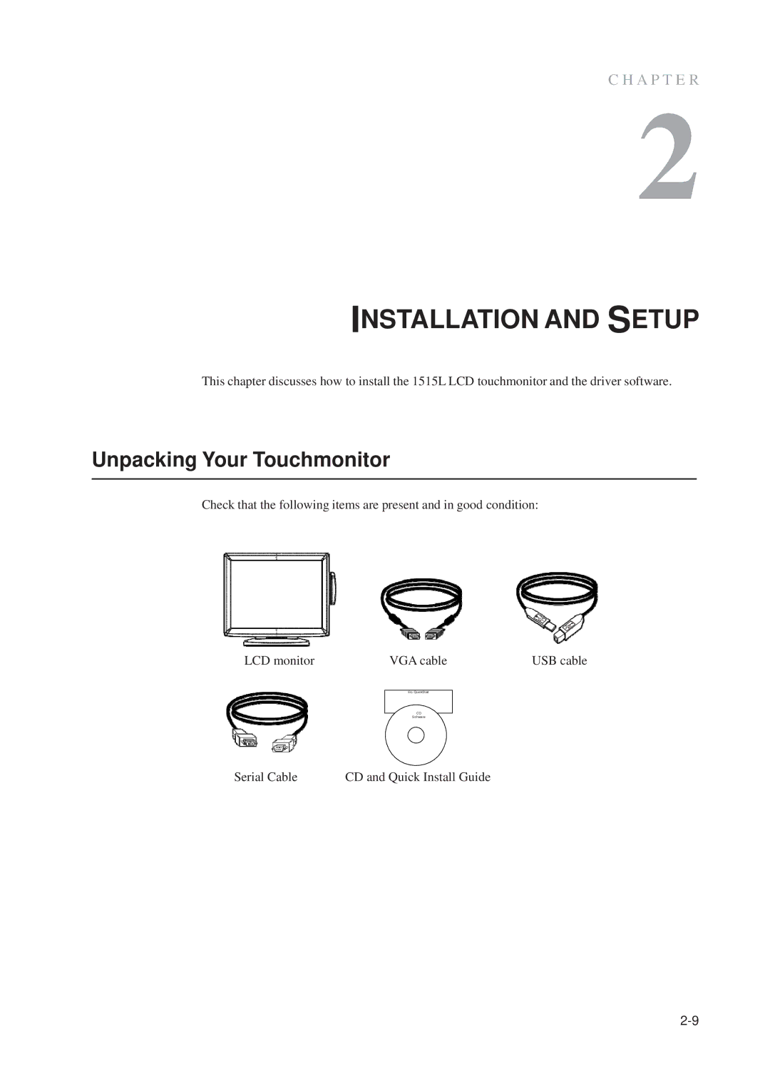 Elo TouchSystems 1515L manual Installation and Setup, Unpacking Your Touchmonitor 