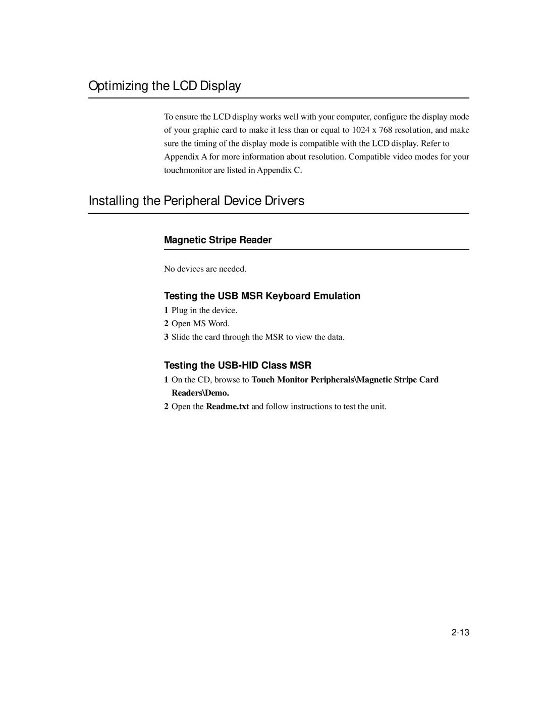 Elo TouchSystems 1522L Optimizing the LCD Display, Installing the Peripheral Device Drivers, Testing the USB-HID Class MSR 