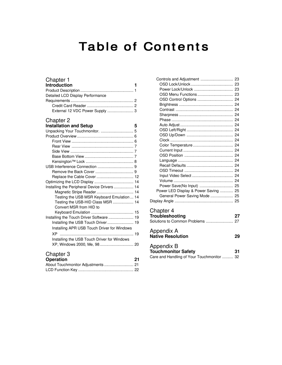 Elo TouchSystems 1522L manual Table of Contents 