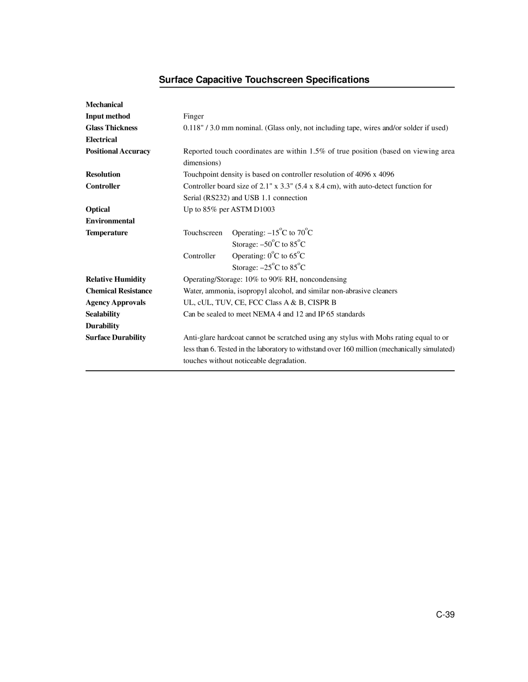 Elo TouchSystems 1522L manual Surface Capacitive Touchscreen Specifications 