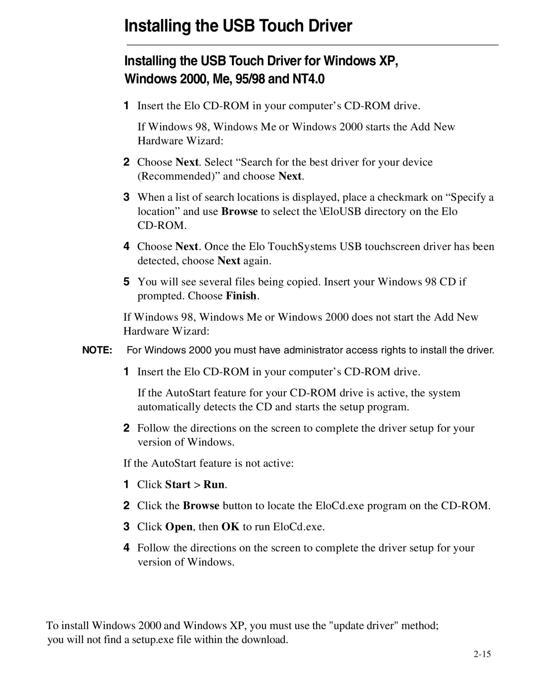 Elo TouchSystems 1524L Series manual Installing the USB Touch Driver 