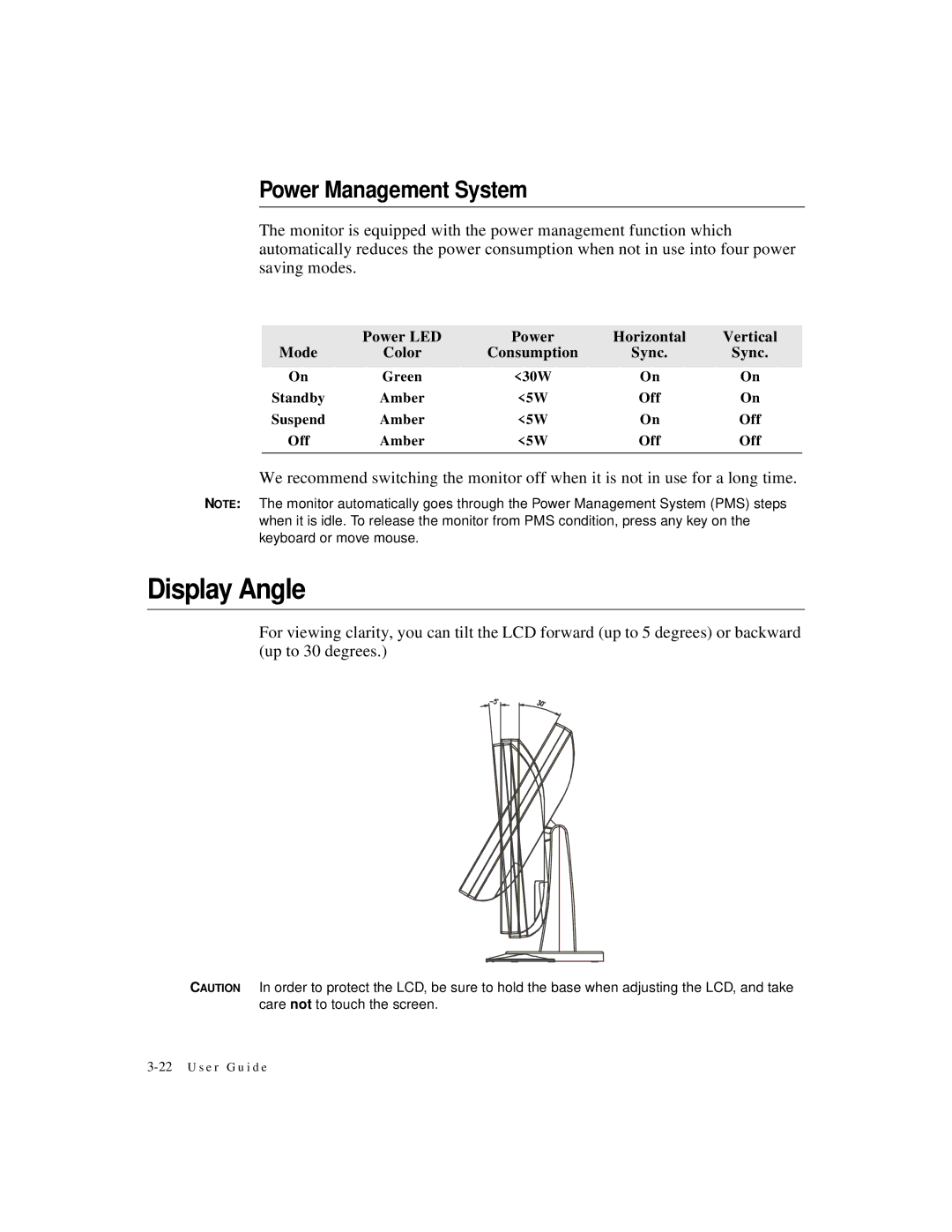 Elo TouchSystems 1524L Series manual Display Angle, Power Management System 