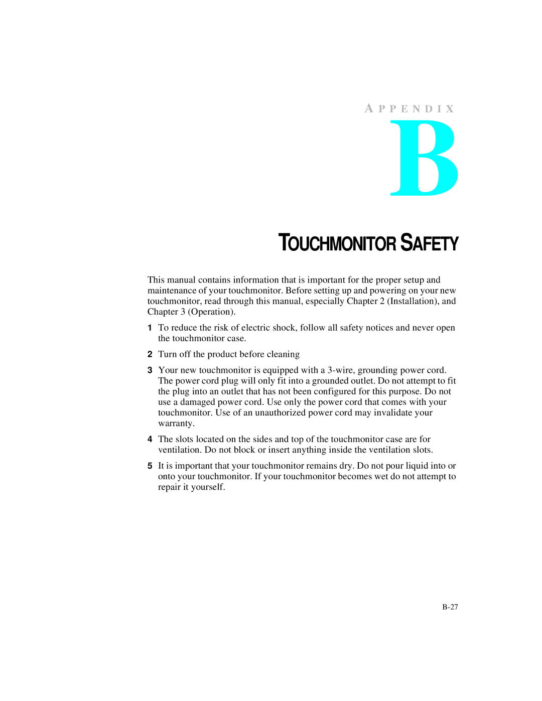 Elo TouchSystems 1524L Series manual Touchmonitor Safety 