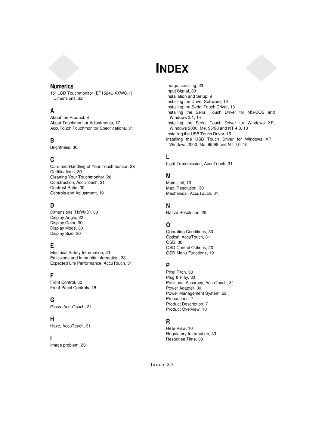 Elo TouchSystems 1524L Series manual Index 