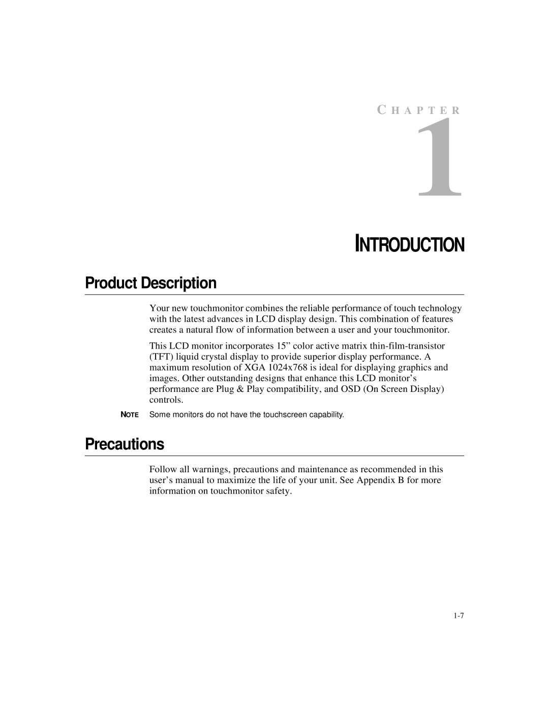 Elo TouchSystems 1524L Series manual Product Description, Precautions 