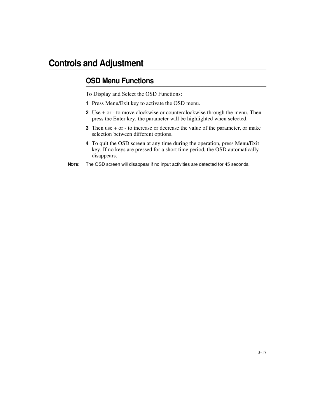 Elo TouchSystems 1524L manual Controls and Adjustment, OSD Menu Functions 