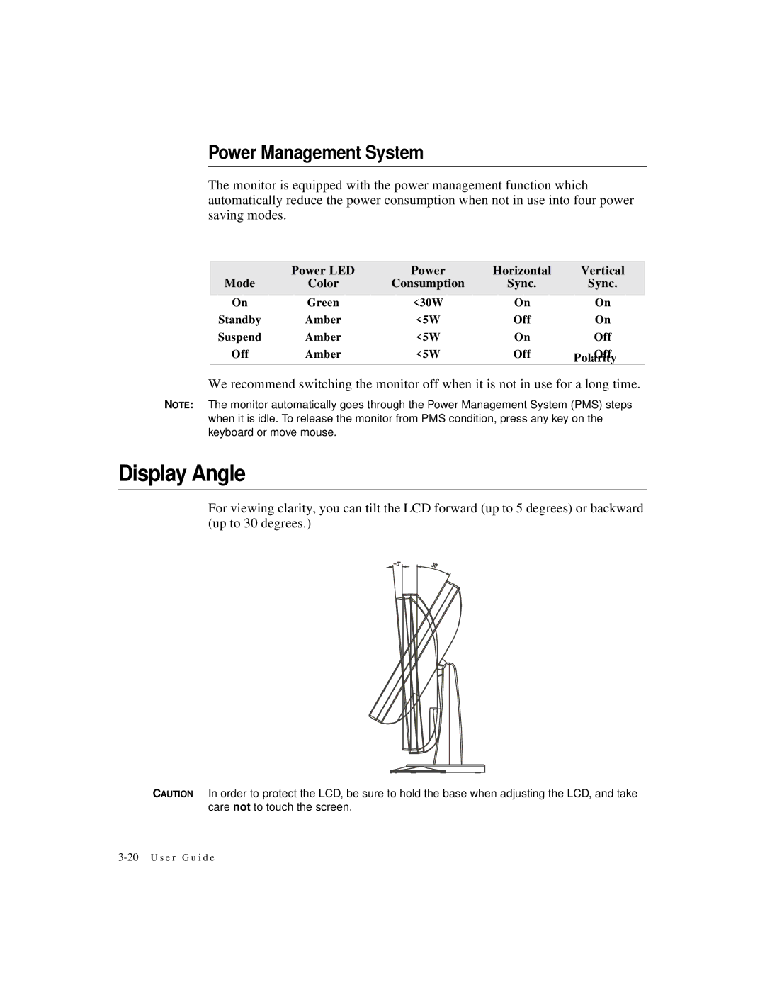 Elo TouchSystems 1524L Display Angle, Power Management System, Mode Power LED Horizontal Vertical Color Consumption Sync 