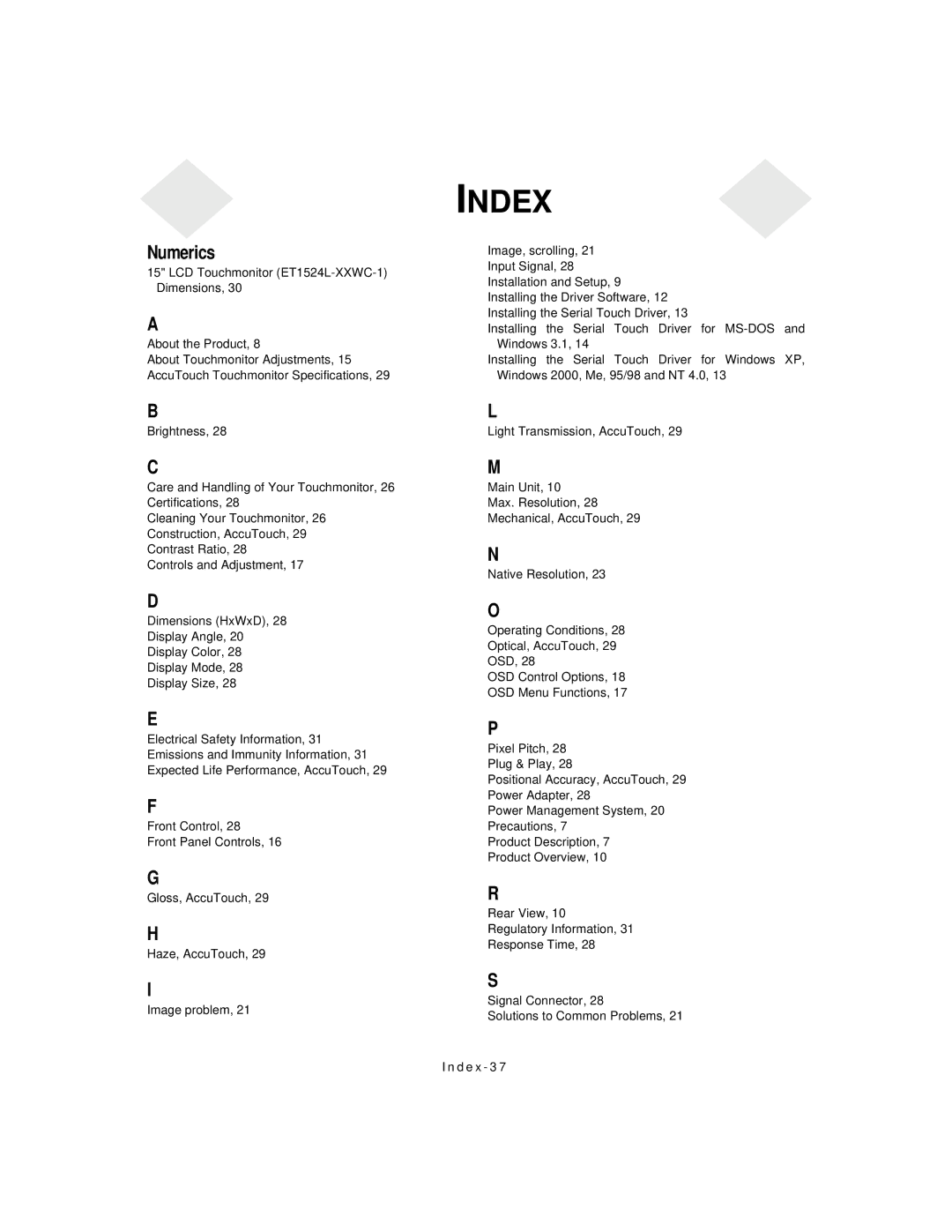 Elo TouchSystems 1524L manual Index 