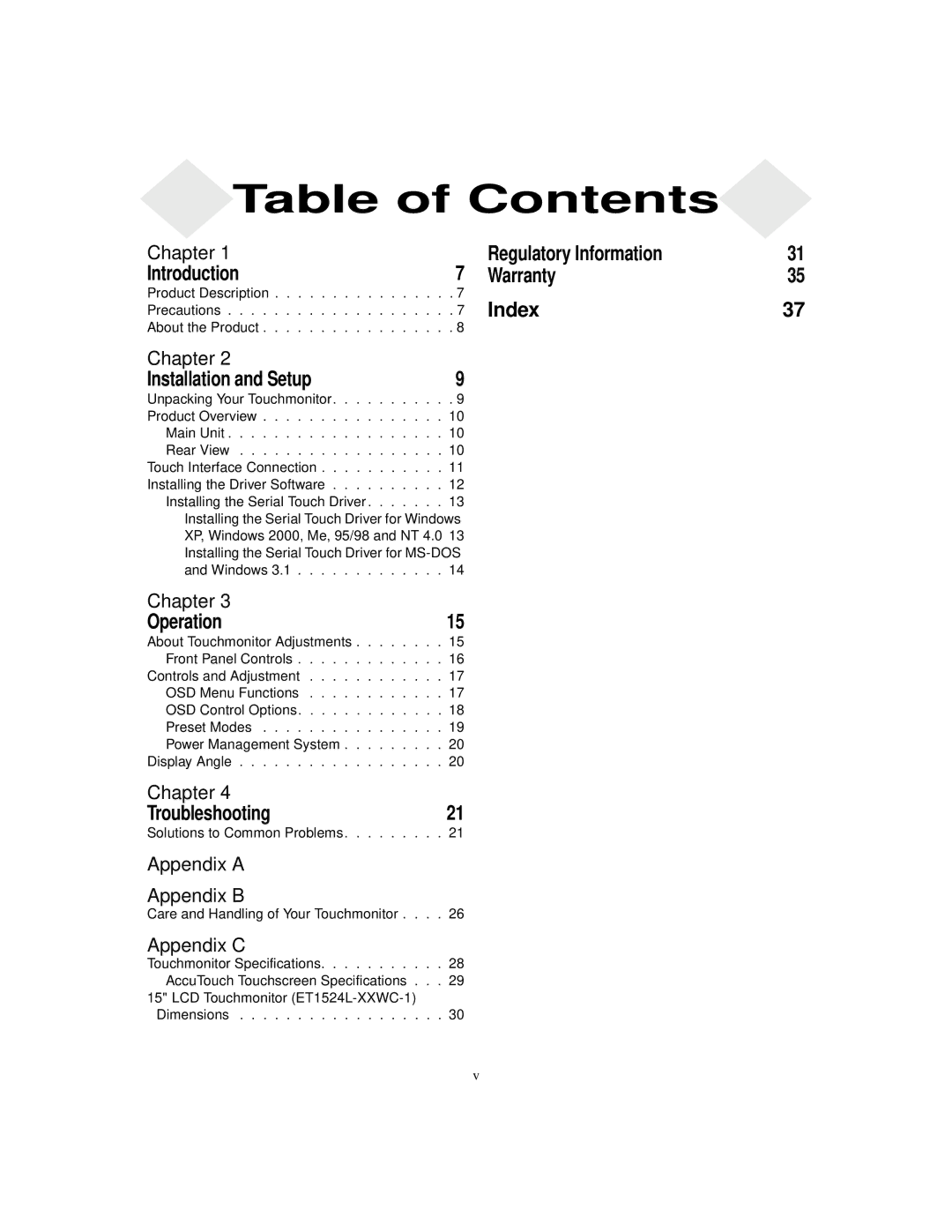 Elo TouchSystems 1524L manual Table of Contents 