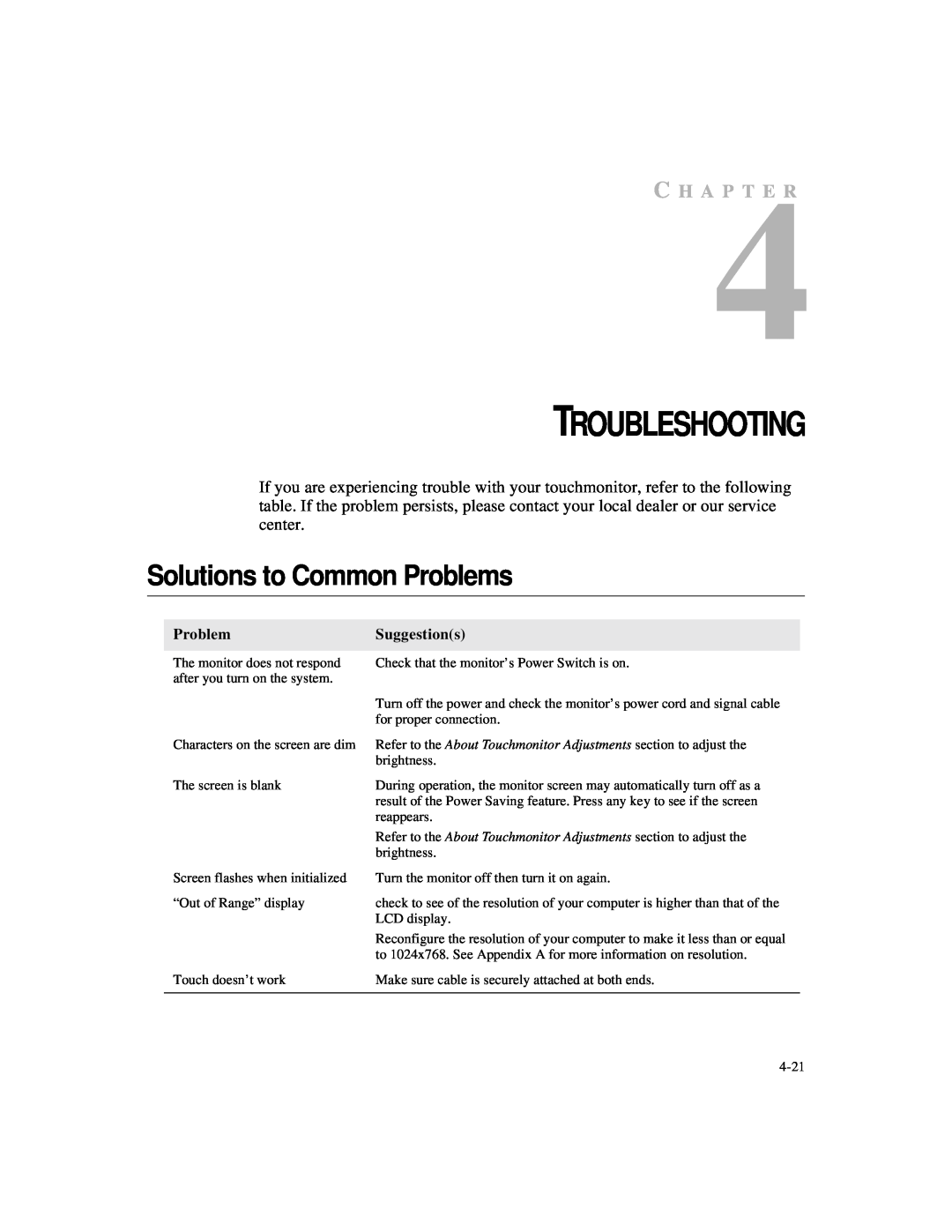 Elo TouchSystems 1524L manual Troubleshooting, Solutions to Common Problems, C H A P T E R, Suggestions 