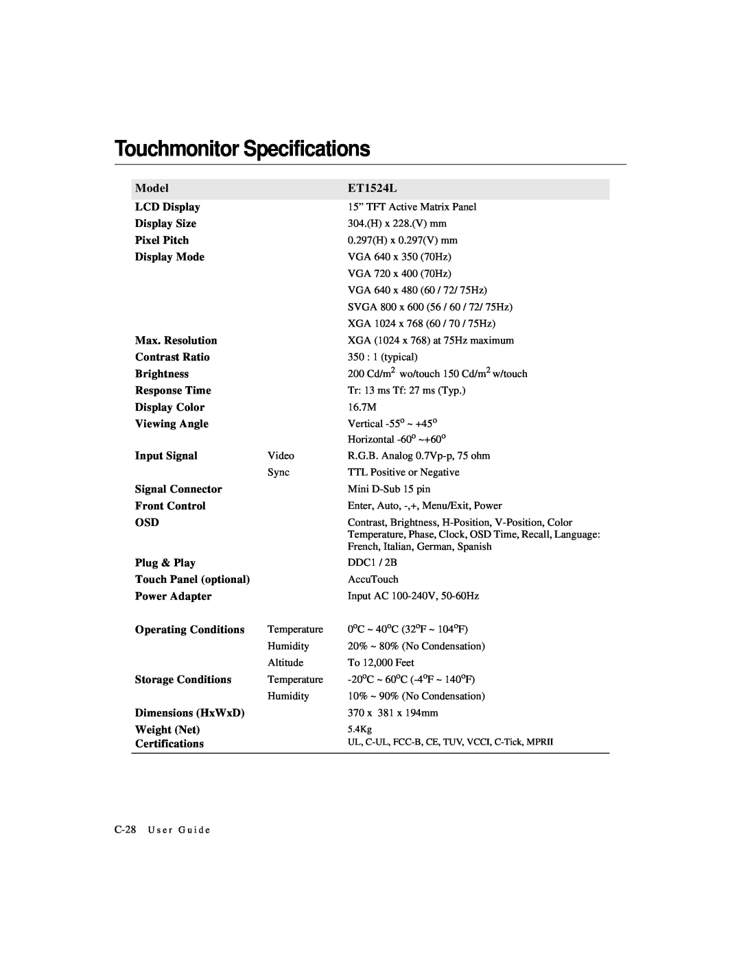 Elo TouchSystems manual Touchmonitor Specifications, Model, ET1524L 