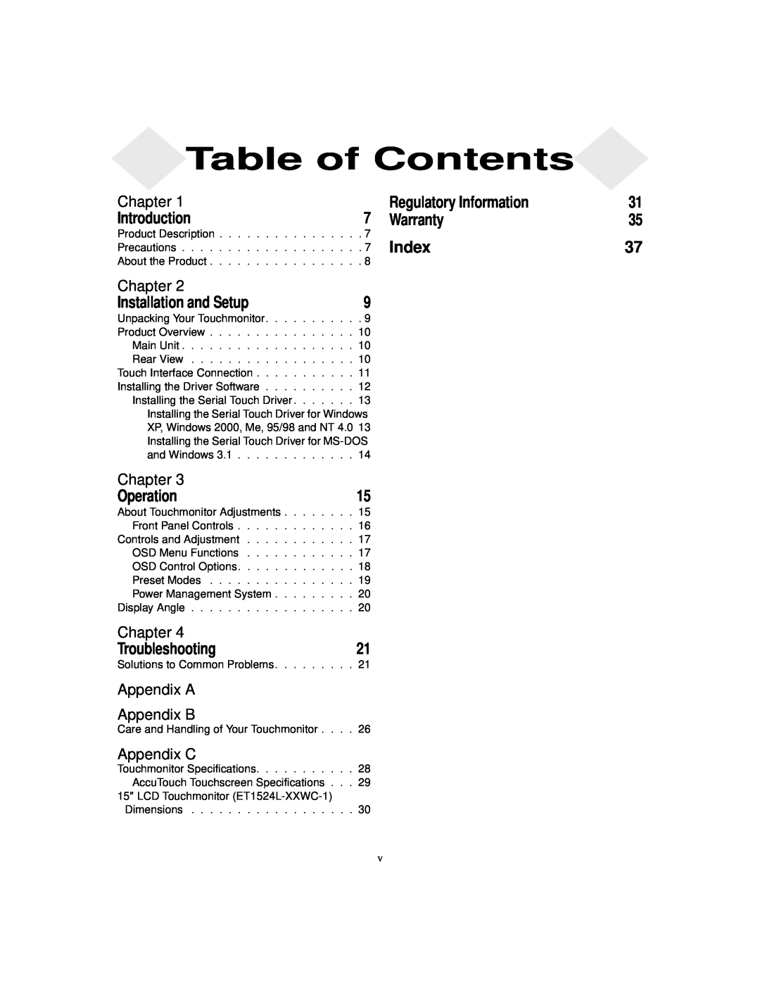 Elo TouchSystems 1524L manual Chapter, Table of Contents, Regulatory Information, Introduction, Warranty, Index, Operation 