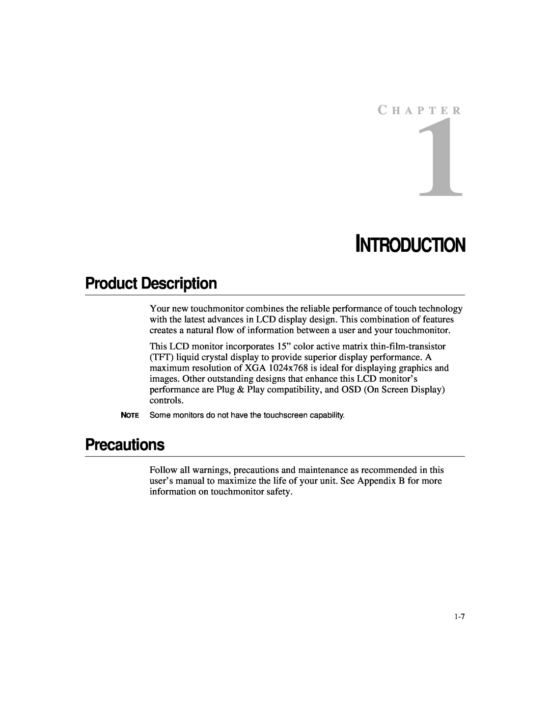 Elo TouchSystems 1524L manual Product Description, Precautions, C H A P T E R, Introduction 