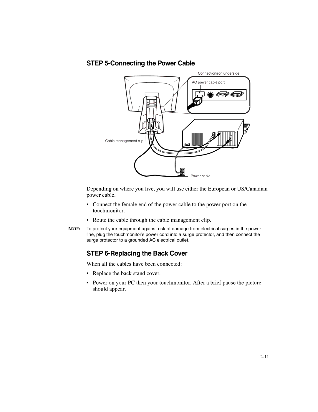 Elo TouchSystems 1525/27L manual Connecting the Power Cable, Replacing the Back Cover 