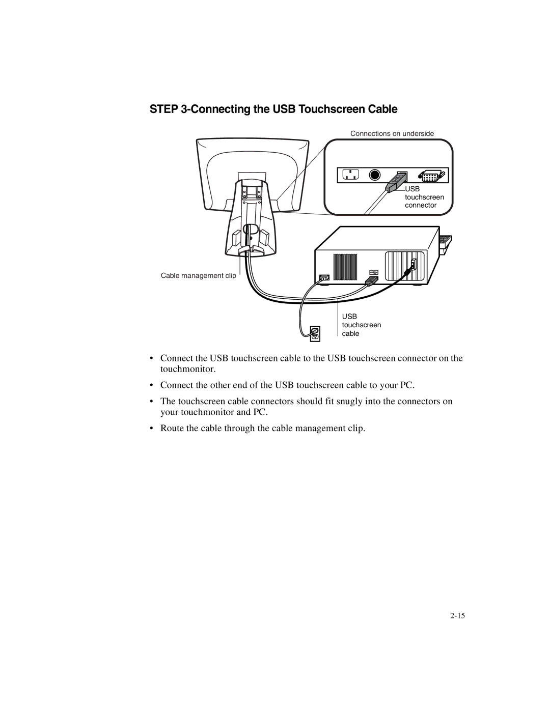 Elo TouchSystems 1525/27L manual Connecting the USB Touchscreen Cable 