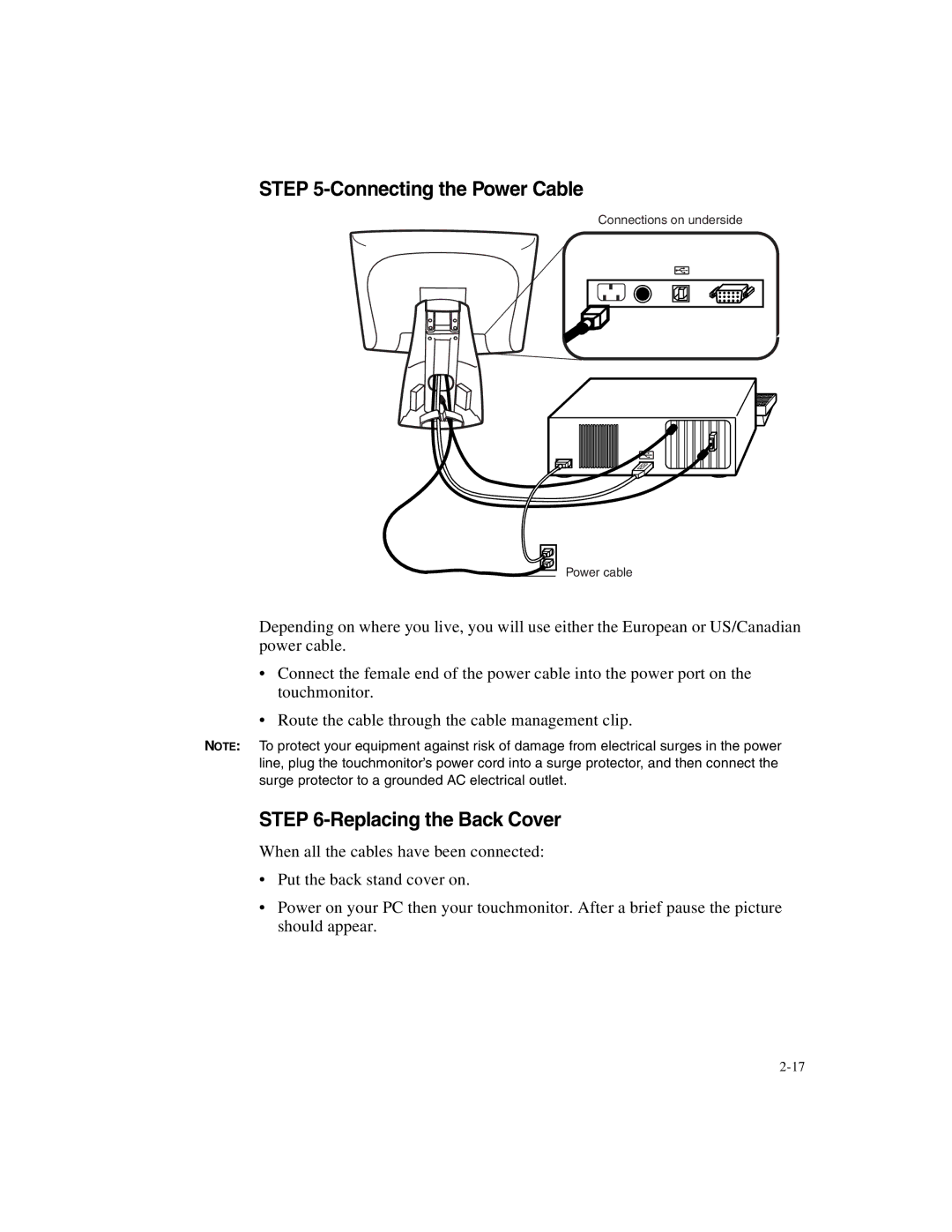 Elo TouchSystems 1525/27L manual Connections on underside Power cable 