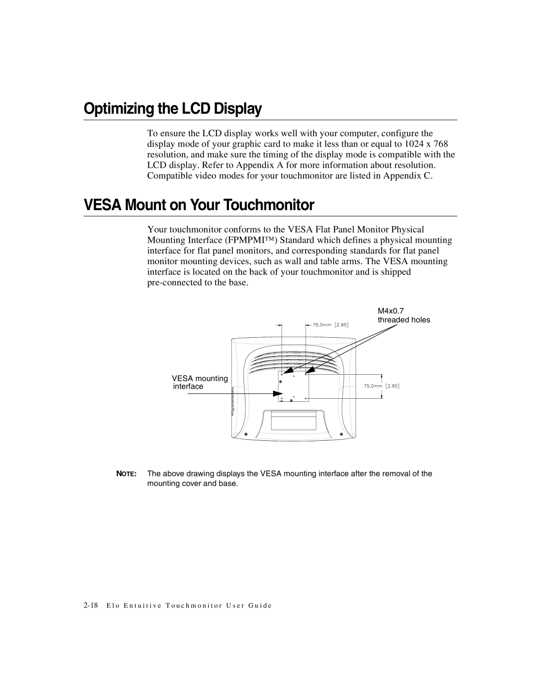 Elo TouchSystems 1525/27L manual Optimizing the LCD Display, Vesa Mount on Your Touchmonitor 