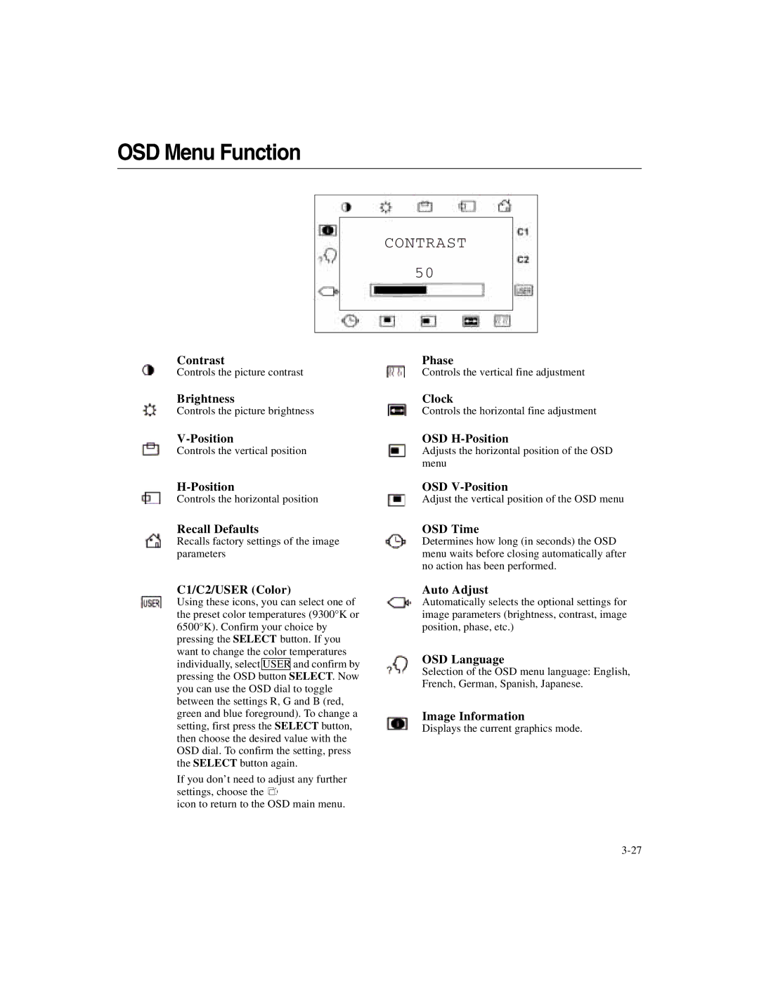 Elo TouchSystems 1525/27L manual OSD Menu Function, Contrast 