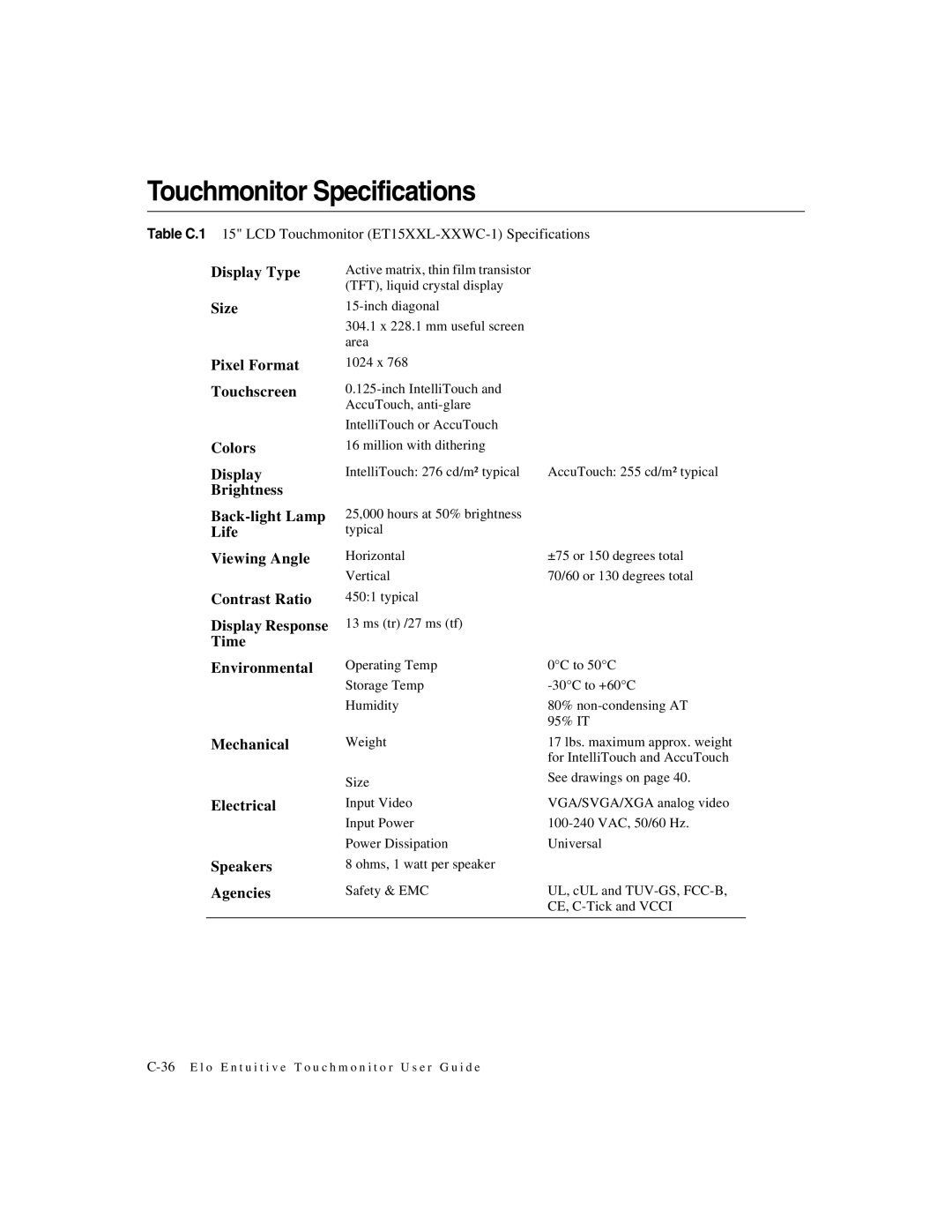 Elo TouchSystems 1525/27L manual Touchmonitor Specifications 