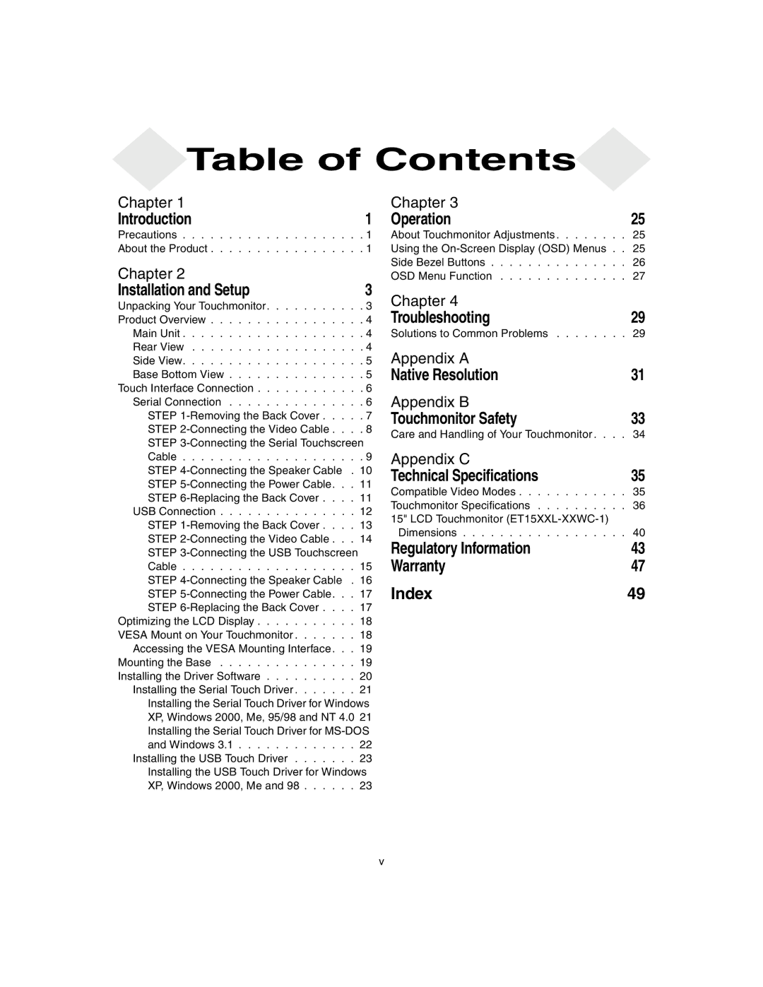 Elo TouchSystems 1525/27L manual Table of Contents 