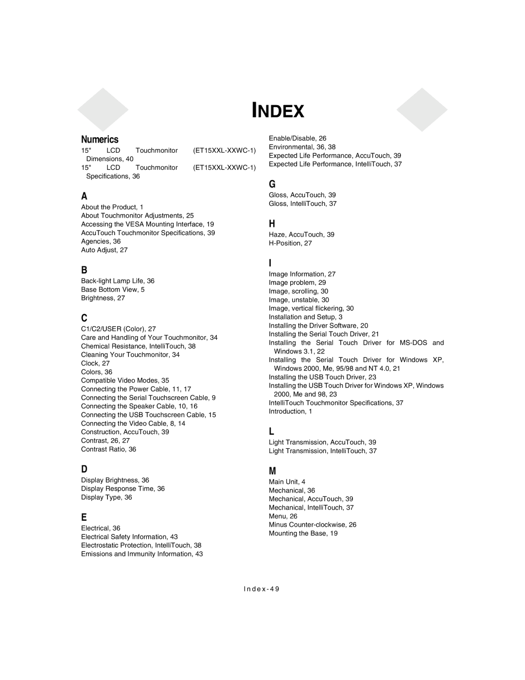 Elo TouchSystems 1525/27L manual Index 