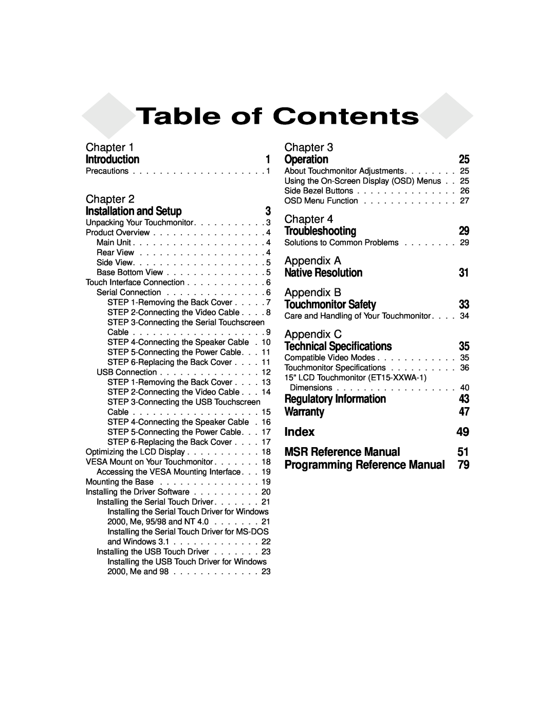 Elo TouchSystems 1525L manual Table of Contents 