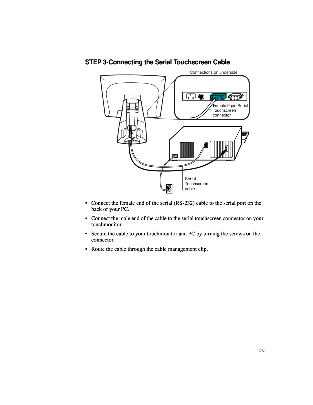 Elo TouchSystems 1525L manual Connecting the Serial Touchscreen Cable 