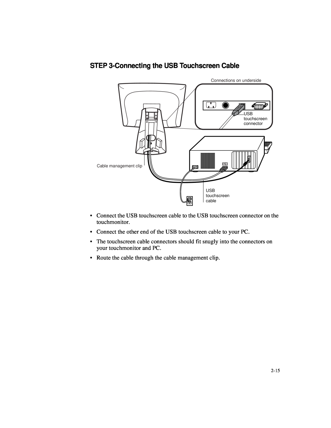 Elo TouchSystems 1525L manual Connecting the USB Touchscreen Cable, USB touchscreen connector, USB touchscreen cable 