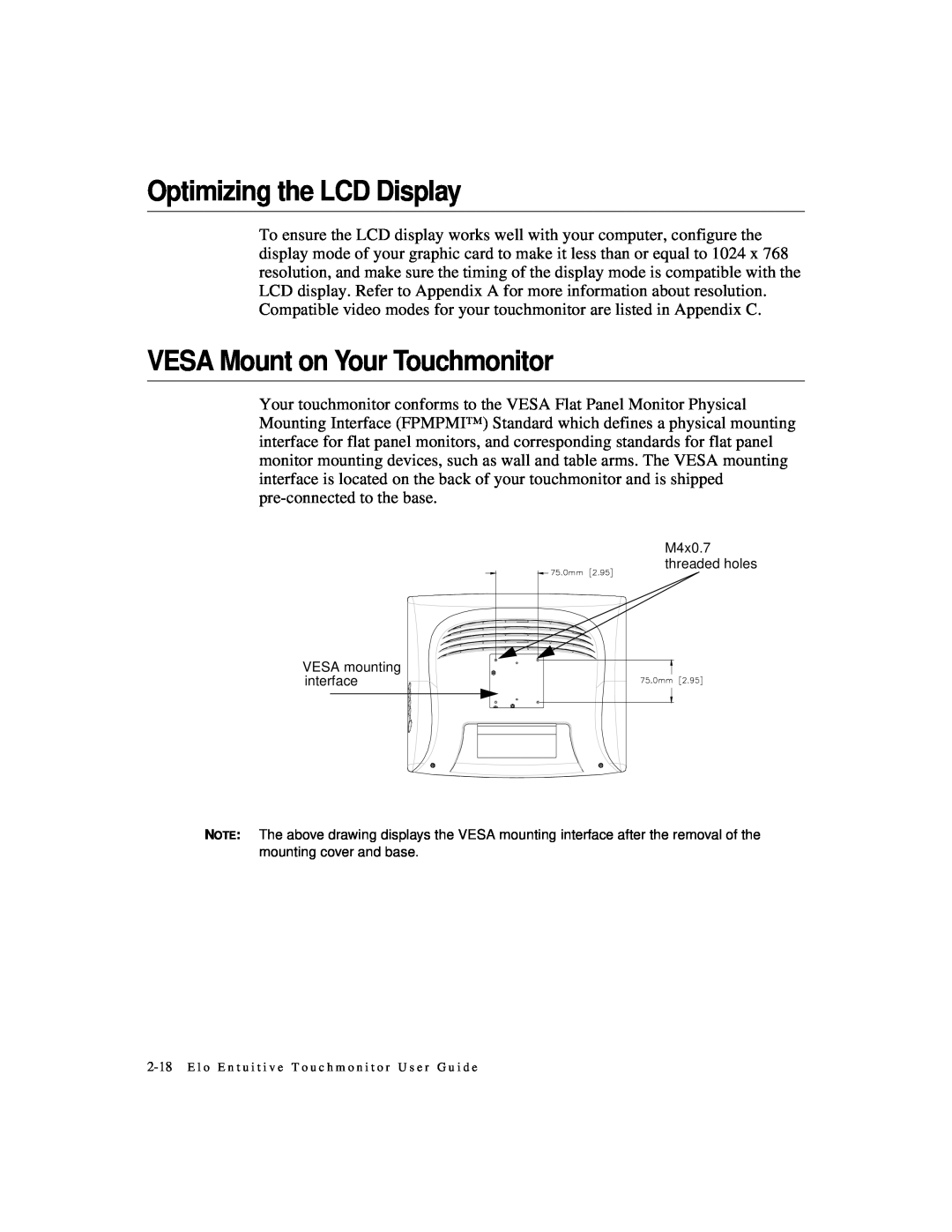 Elo TouchSystems 1525L manual Optimizing the LCD Display, VESA Mount on Your Touchmonitor 