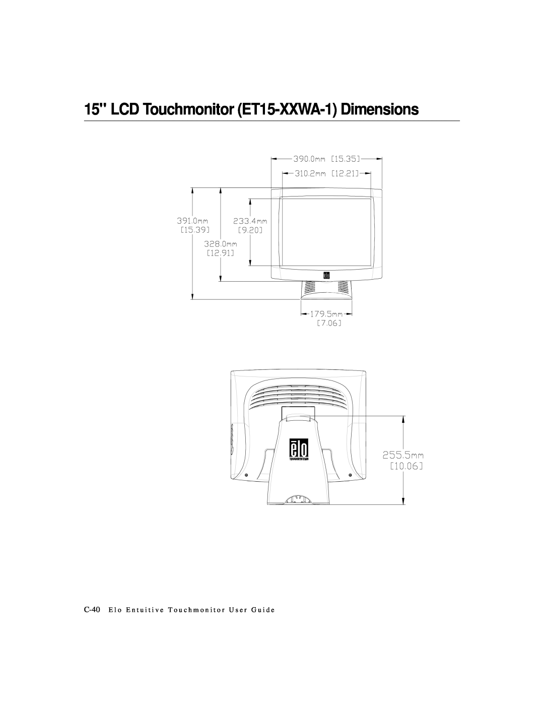 Elo TouchSystems 1525L manual LCD Touchmonitor ET15-XXWA-1 Dimensions 