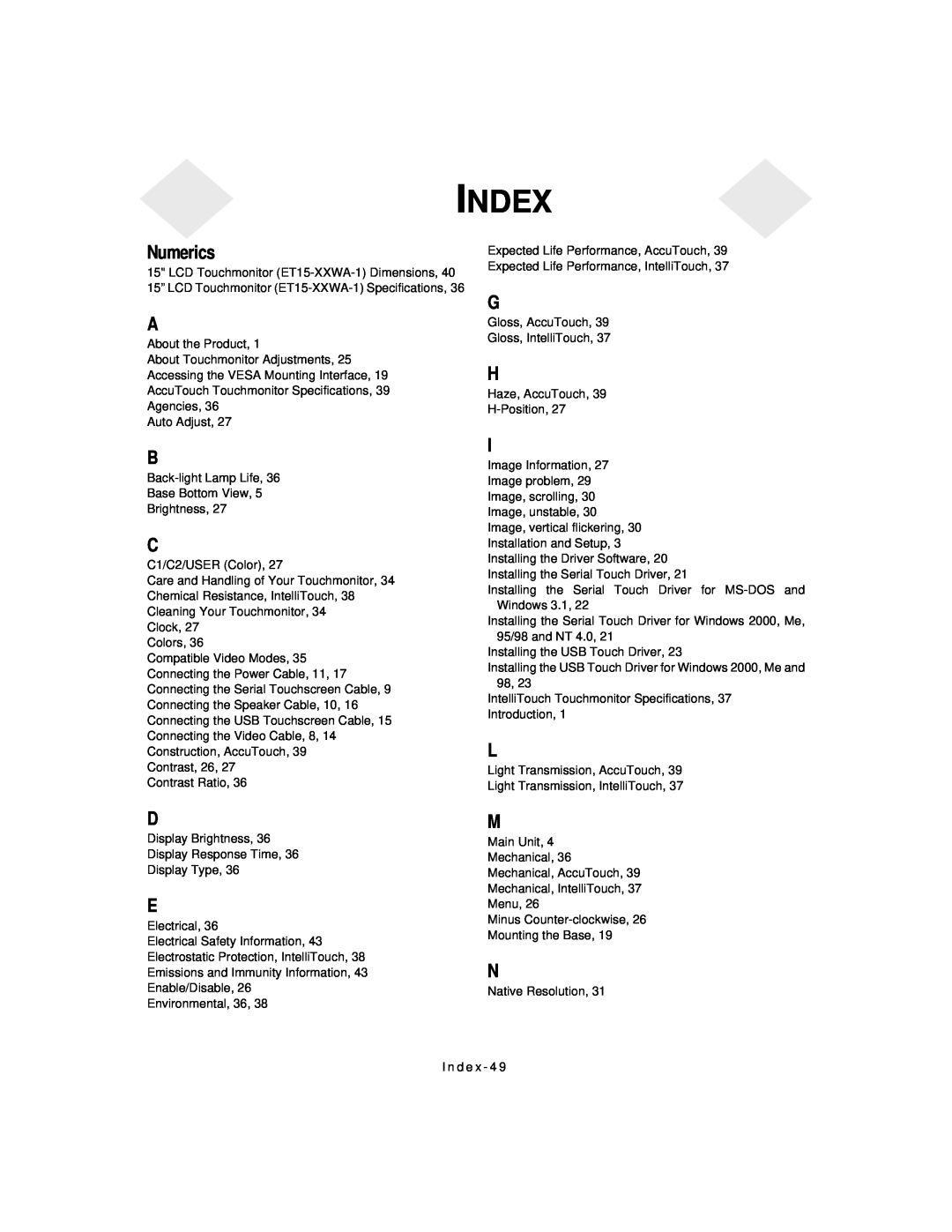 Elo TouchSystems 1525L manual Index, Numerics 