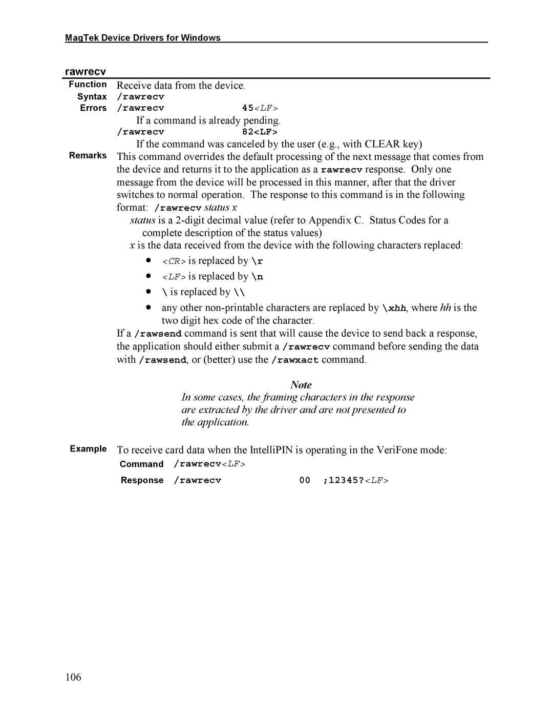 Elo TouchSystems 1525L manual Rawrecv, If a command is already pending, 106 