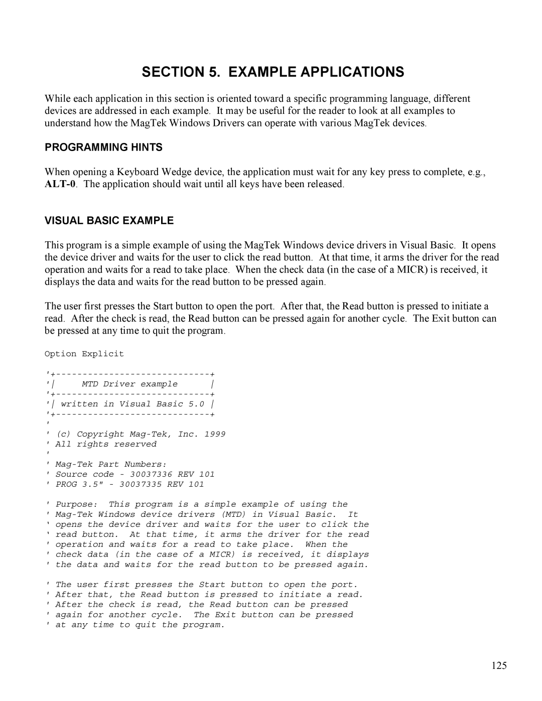 Elo TouchSystems 1525L manual Example Applications, Programming Hints, Visual Basic Example, 125 