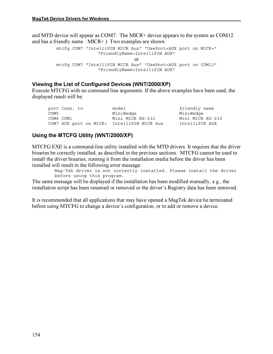 Elo TouchSystems 1525L manual Viewing the List of Configured Devices WNT/2000/XP, Using the Mtcfg Utility WNT/2000/XP 