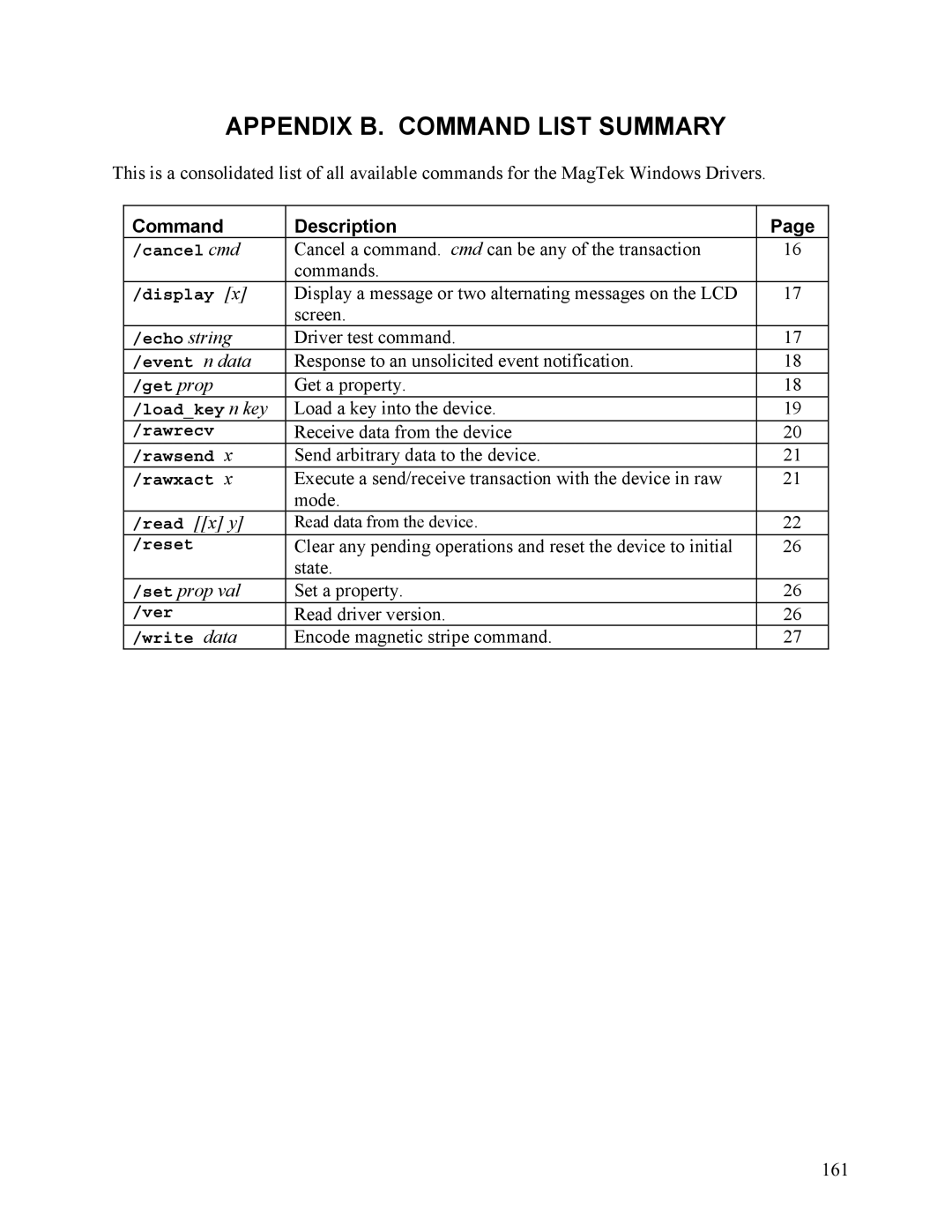 Elo TouchSystems 1525L manual Appendix B. Command List Summary, 161 