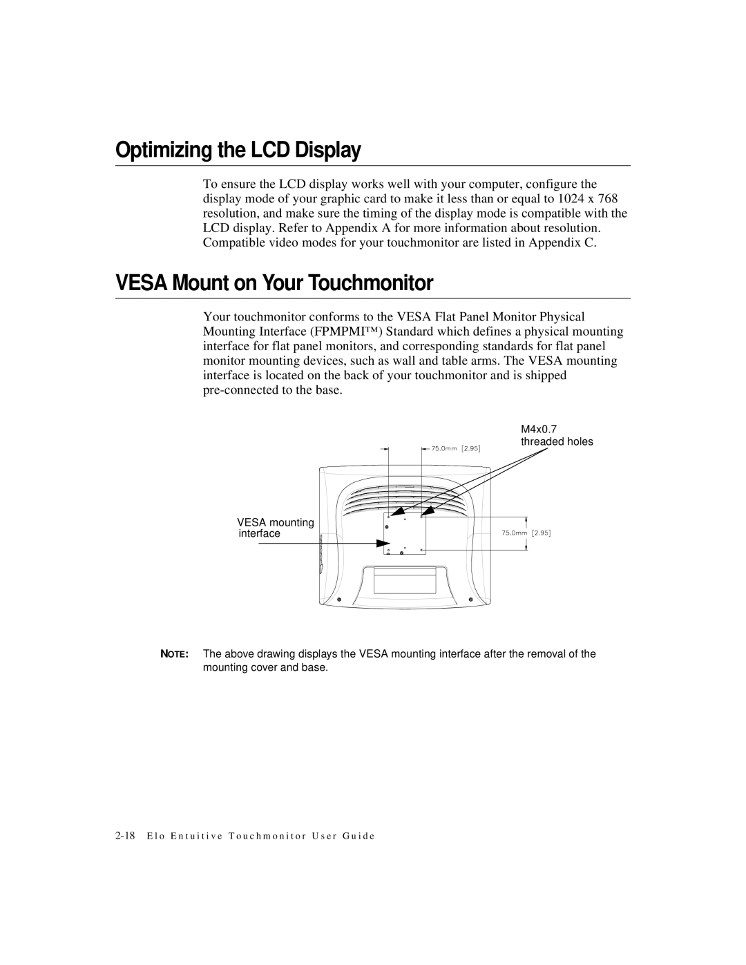 Elo TouchSystems 1525L manual Optimizing the LCD Display, Vesa Mount on Your Touchmonitor 